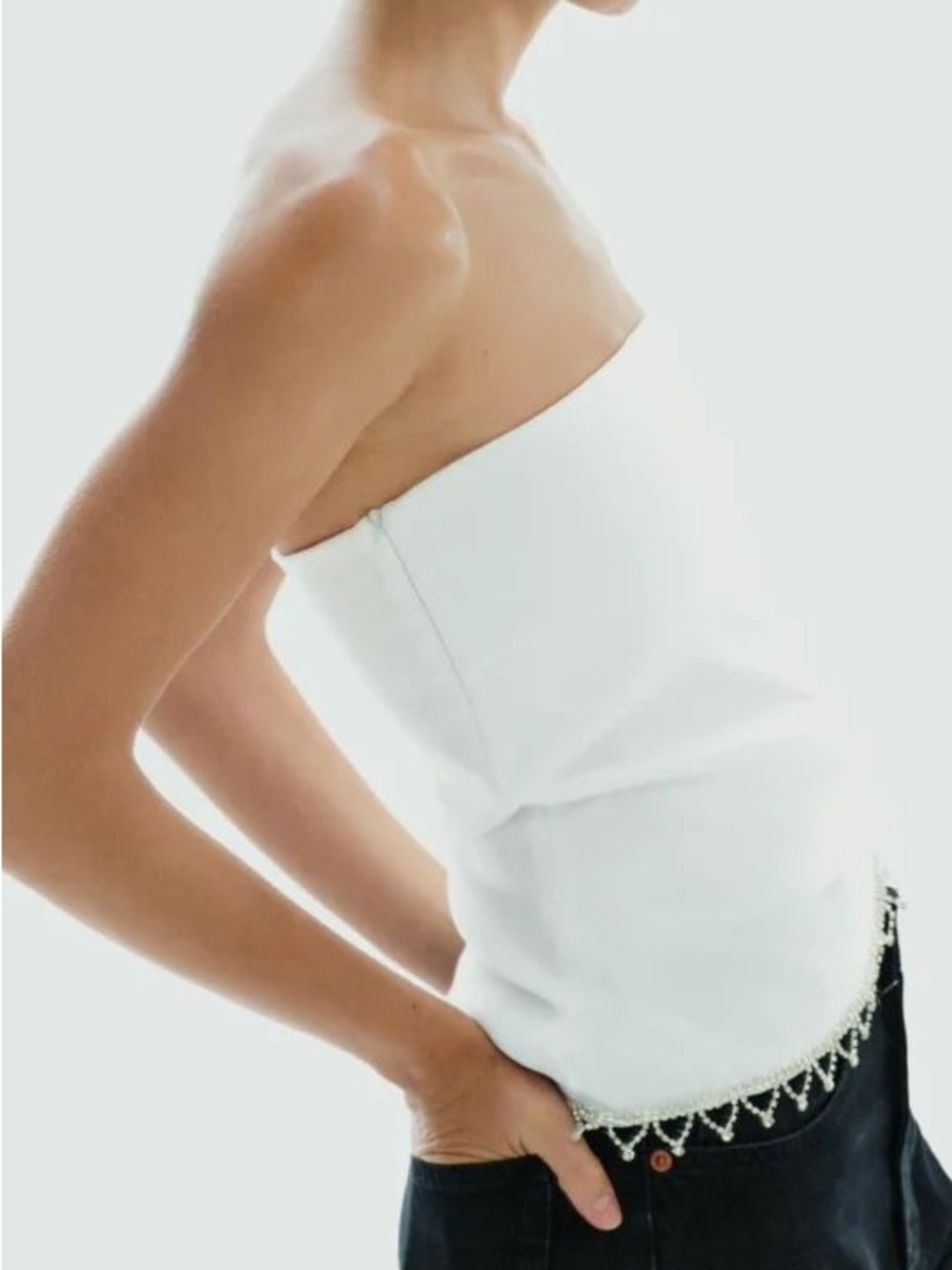 Zara White Strapless Tube Top with Beaded Hem
